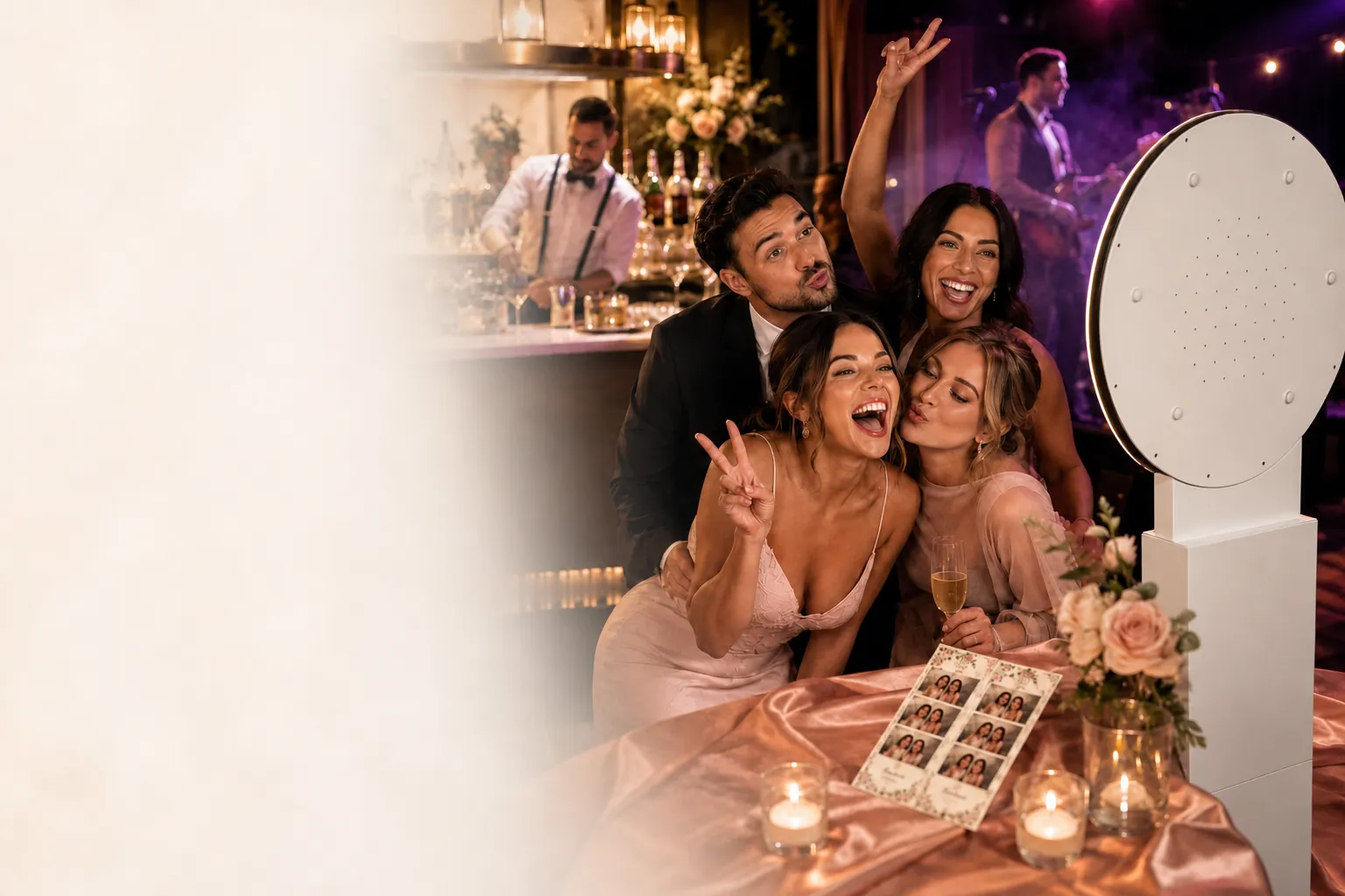 Wedding guests laughing at a photobooth