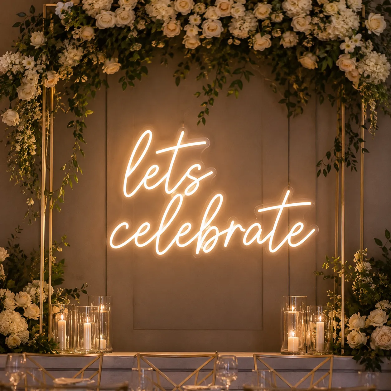 Warm white lets celebrate neon sign framed by florals and candles for an event backdrop