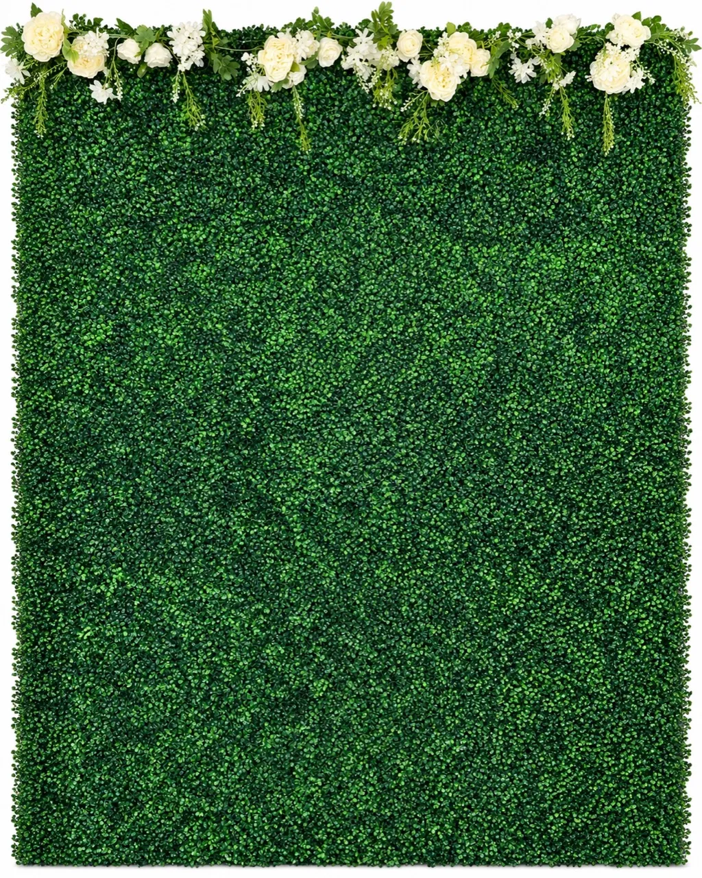 Over the Hedge greenery photobooth backdrop with white flowers