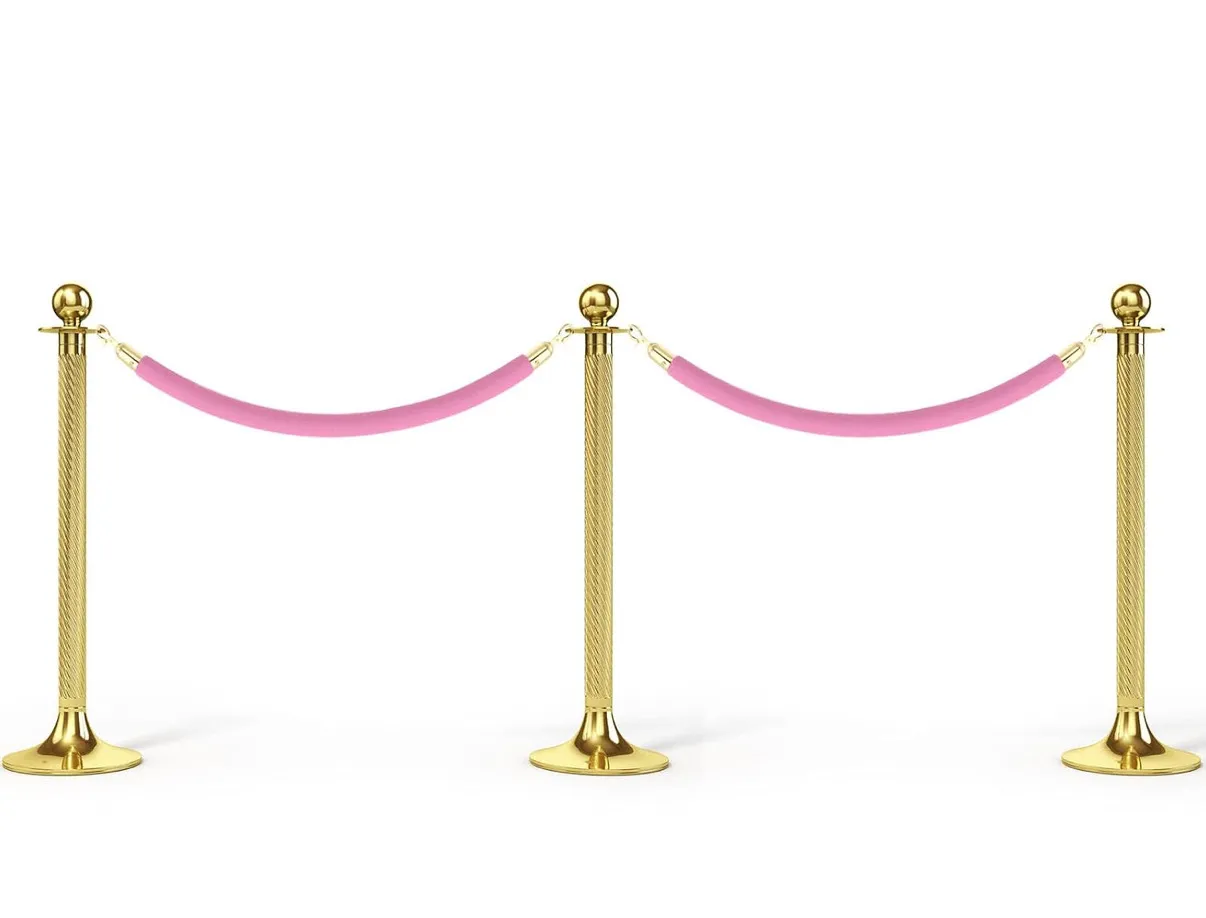 Gold stanchion posts with pink ropes